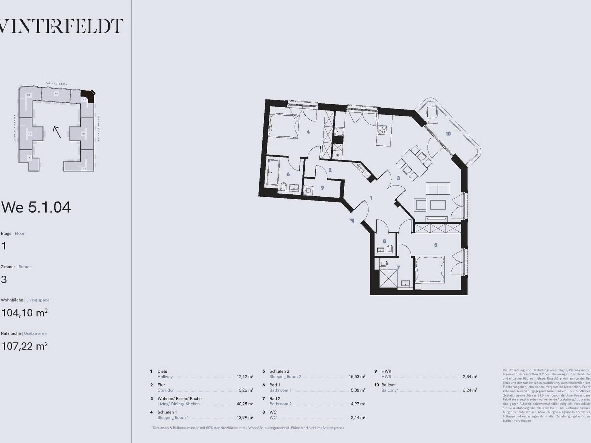 Grundriss 3-Zimmer Neubau Eigentumswohnung (WE 5.1.4) | Berlin-Schöneberg