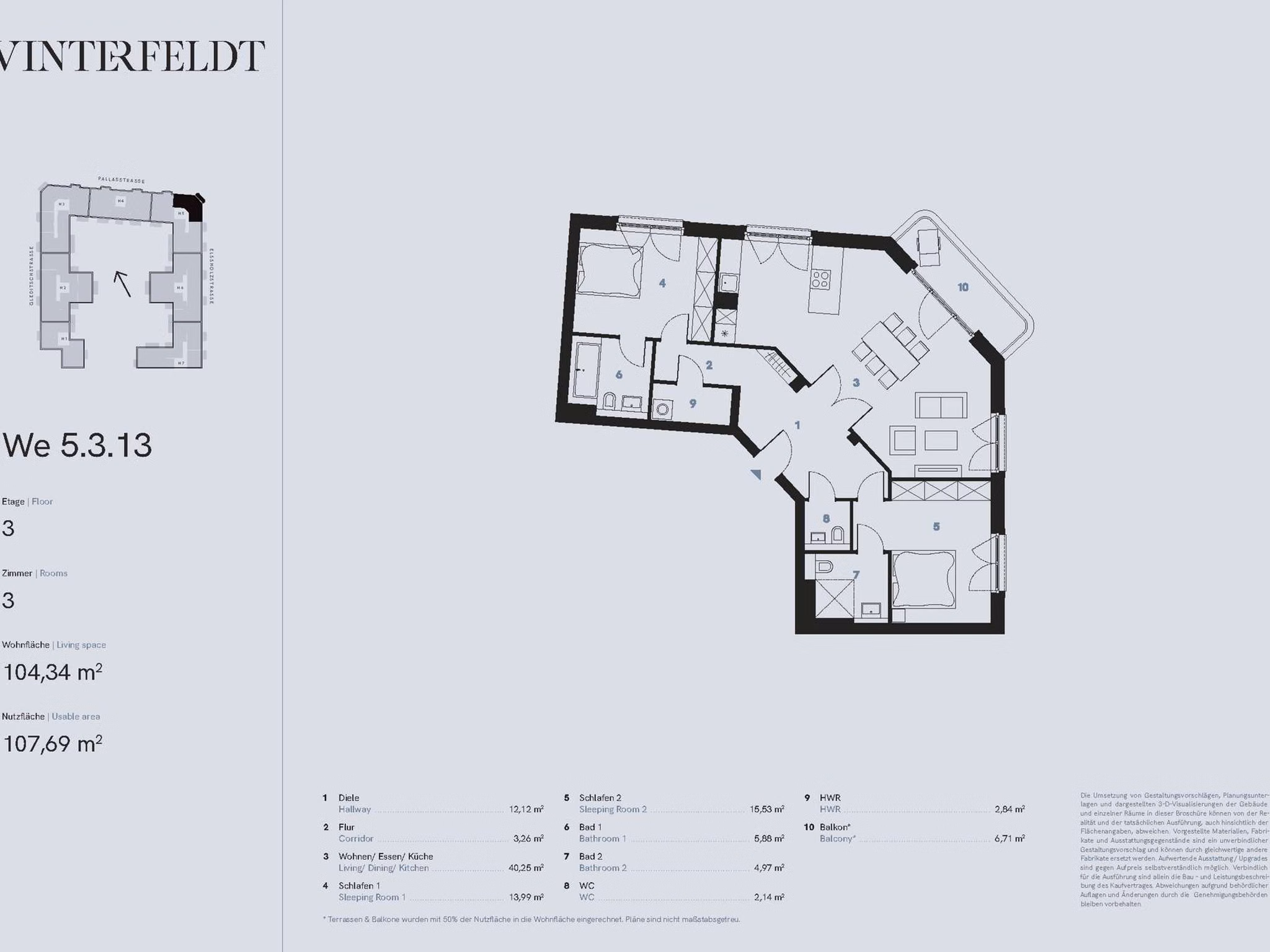 Grundriss 3-Zimmer Neubau Eigentumswohnung (WE 5.3.13) | Berlin-Schöneberg