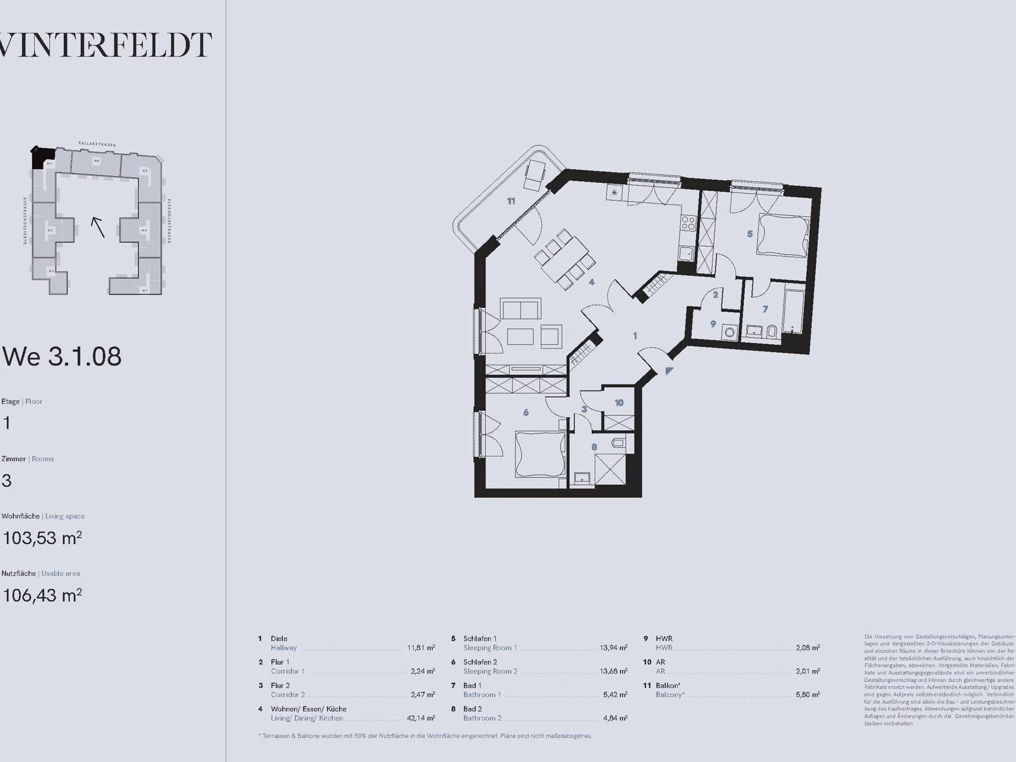 Grundriss 3-Zimmer Neubau Eigentumswohnung (WE 3.1.8) | Berlin-Schöneberg