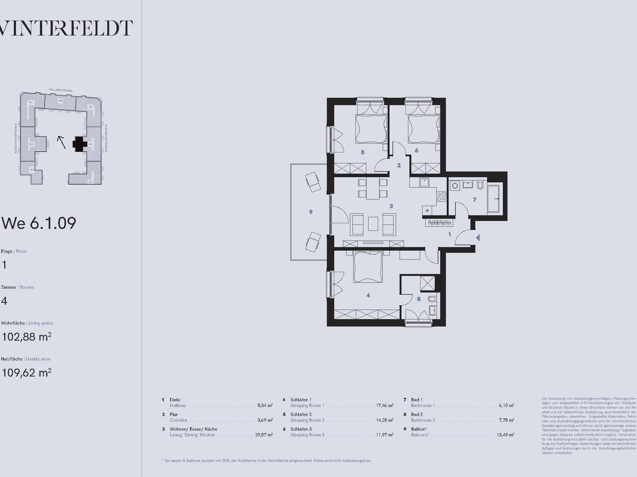 Grundriss 4-Zimmer Neubau Eigentumswohnung (WE 6.1.9) | Berlin-Schöneberg